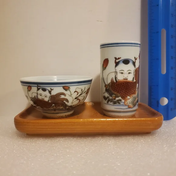 Japanese Antique Sake Tea Set With Traditional Serving Tray Cup Glass Porcelain